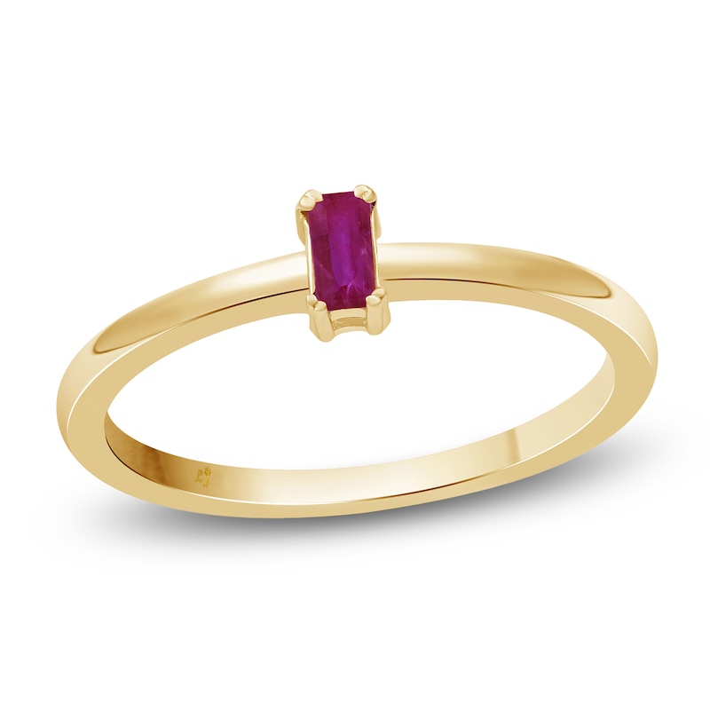 Main Image 1 of Baguette-Cut Certified Natural Ruby Solitaire Stackable Ring 10K Yellow Gold
