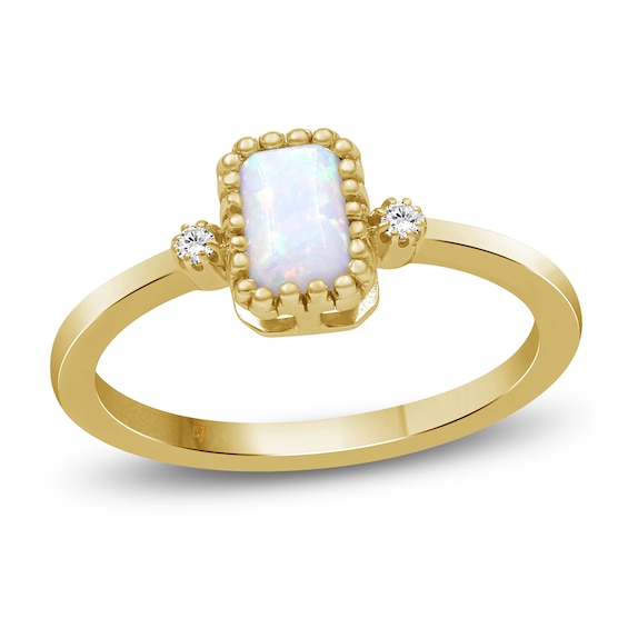 Rectangle-Cut Lab-Created Opal & Diamond Accent Ring 10K Yellow Gold