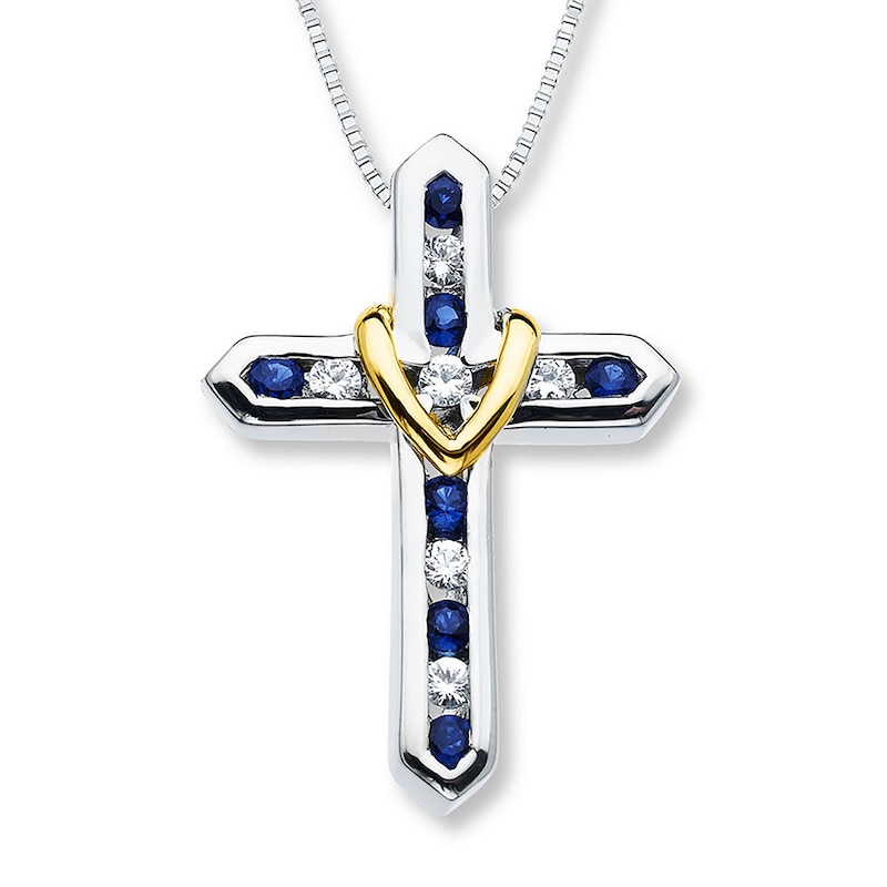 Main Image 1 of Cross Necklace Lab-Created Sapphire Sterling Silver/10K Yellow Gold