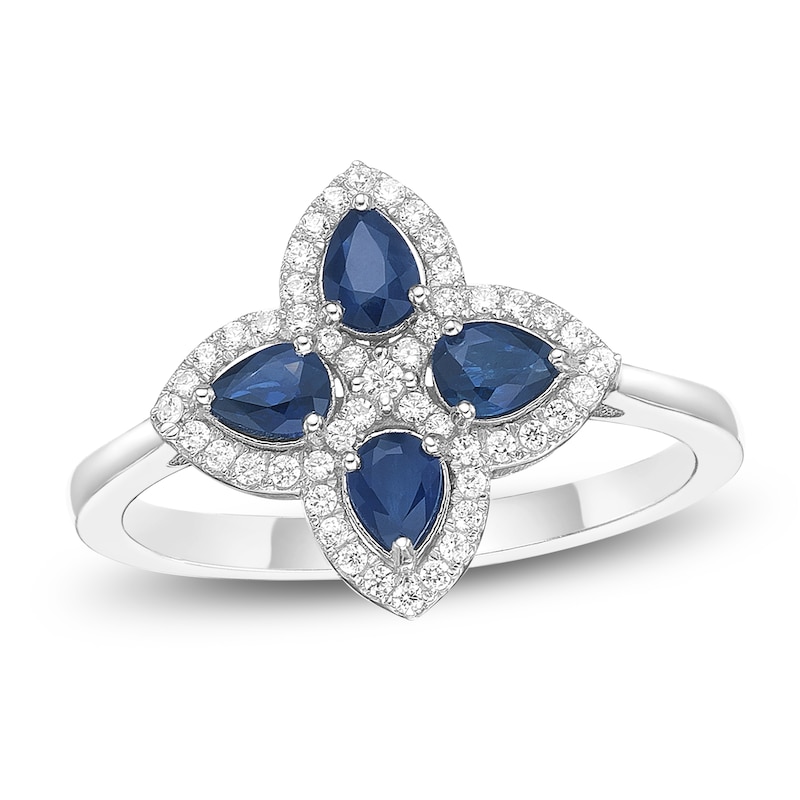 Main Image 1 of Pear-Shaped Natural Blue Sapphire & Diamond Clover Ring 1/5 ct tw 10K White Gold