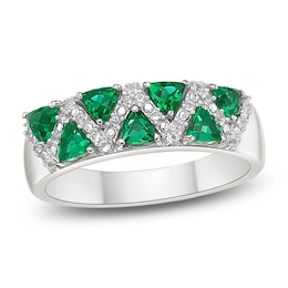 Trillion-Cut Lab-Created Emerald & White Lab-Created Sapphire Ring Sterling Silver