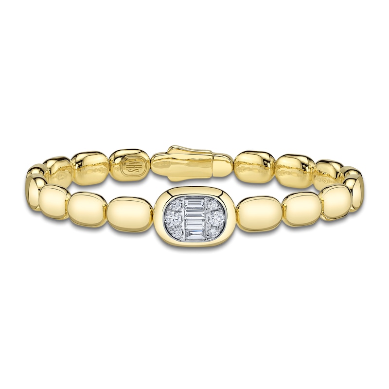 Main Image 1 of Shy ICON Lumeria Baguette & Round-Cut Multi-Diamond Pillow Link Bangle Bracelet 1/2 ct tw 14K Yellow Gold B22001553ZM