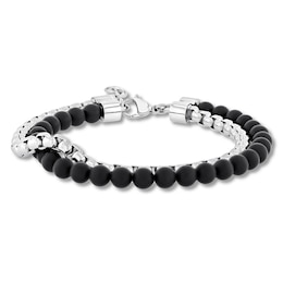 Men's Black Onyx Bead & Box Chain Bracelet Stainless Steel 8.5"