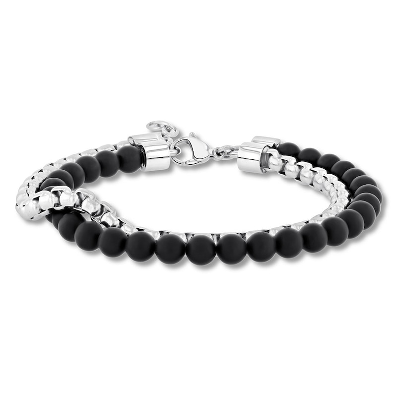 Main Image 1 of Men's Black Onyx Bead & Box Chain Bracelet Stainless Steel 8.5"