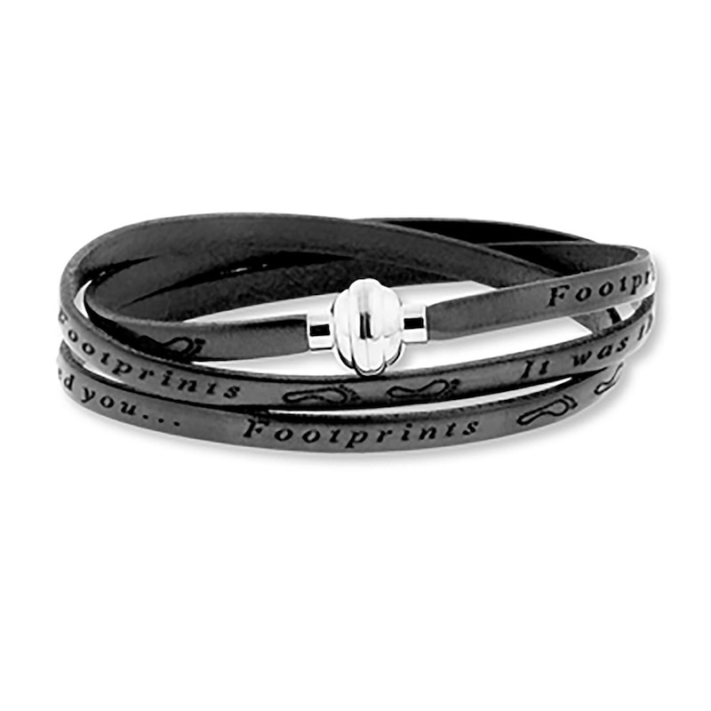 Main Image 1 of Footprints Prayer Black Leather Bracelet Stainless Steel