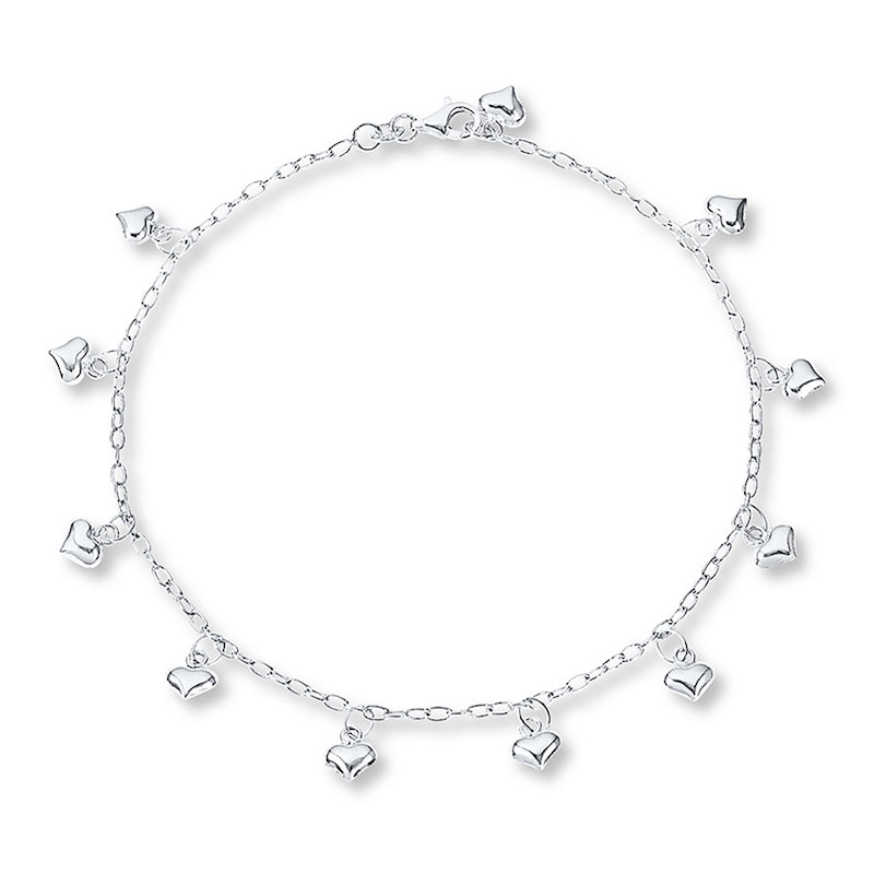 Puffed Heart Anklet Sterling Silver 10 Length