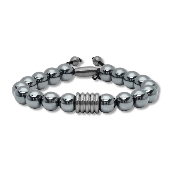 Mens Hematite Bead Bolo Bracelet Stainless Steel