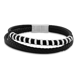 Faux Leather Rubber Bracelet Stainless Steel 8.5"