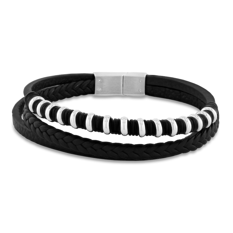 Main Image 1 of Faux Leather Rubber Bracelet Stainless Steel 8.5"