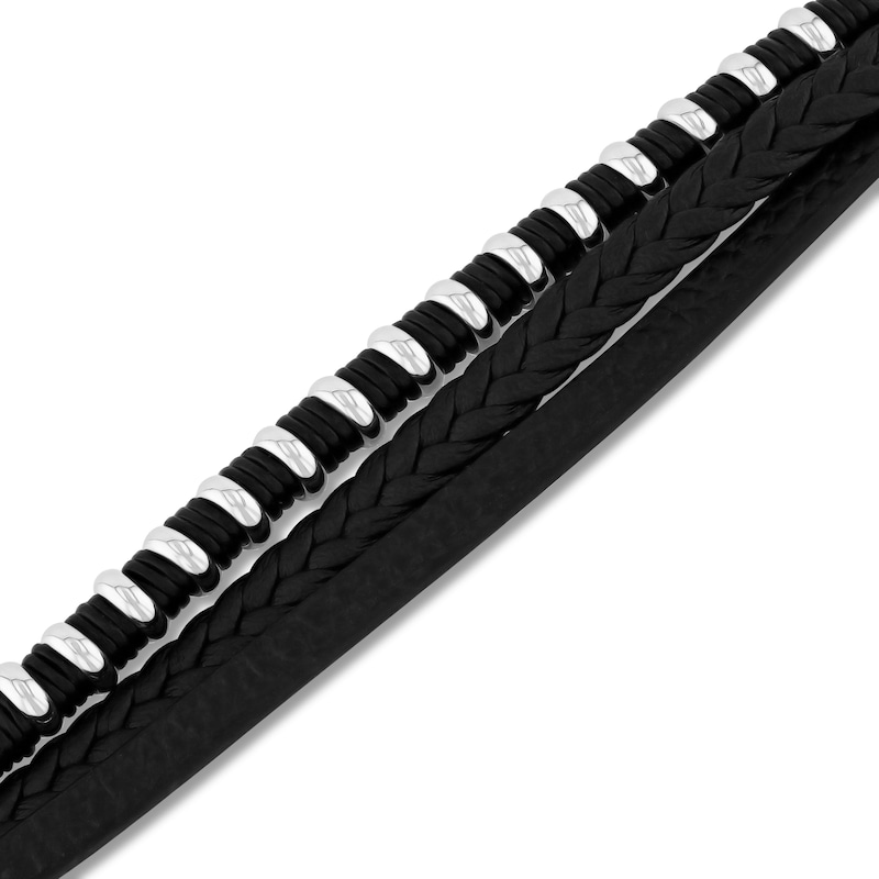 Main Image 2 of Faux Leather Rubber Bracelet Stainless Steel 8.5"