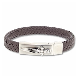 Men's Woven Bracelet Brown Leather Stainless Steel 8.5"