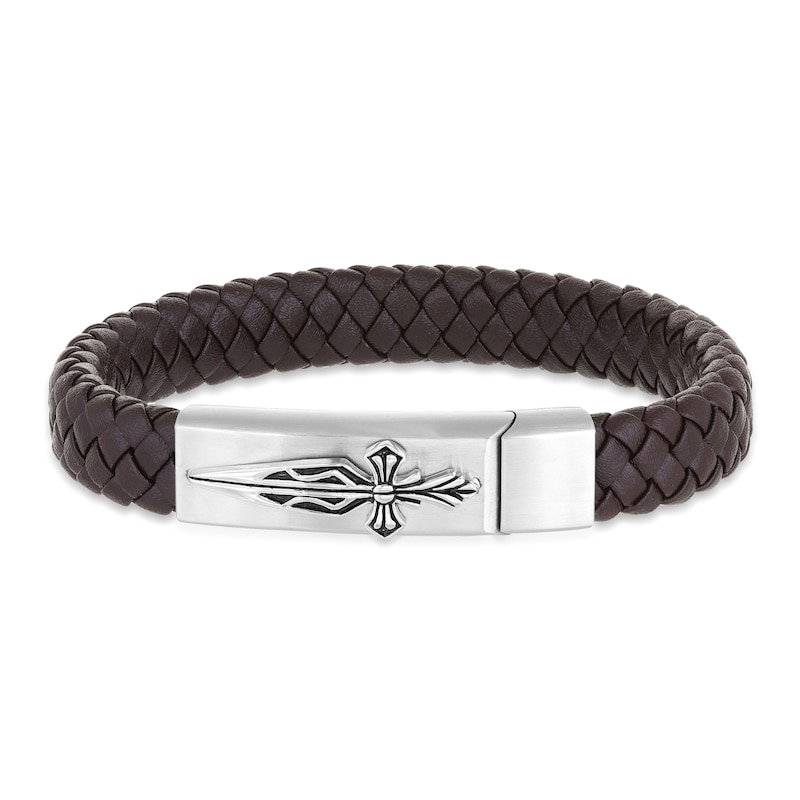 Main Image 2 of Men's Woven Bracelet Brown Leather Stainless Steel 8.5"