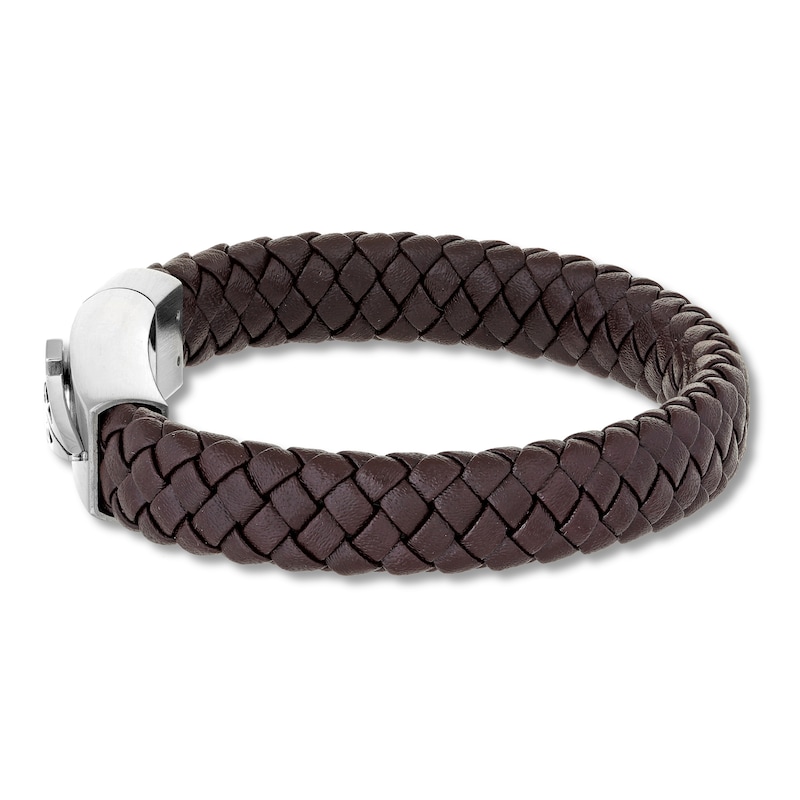 Main Image 3 of Men's Woven Bracelet Brown Leather Stainless Steel 8.5"