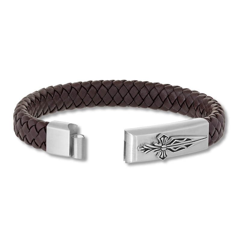 Main Image 4 of Men's Woven Bracelet Brown Leather Stainless Steel 8.5"