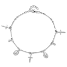 Cross & Mary Anklet CZ Sterling Silver 9"