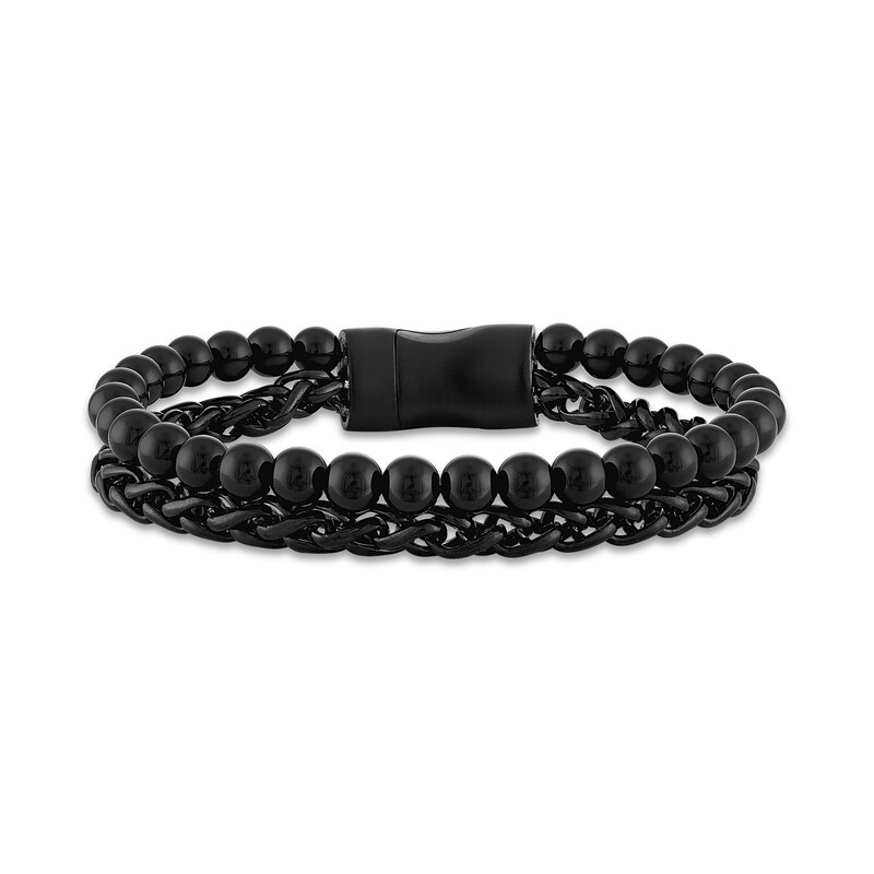 Main Image 1 of Men's Two-Layer Chain Bracelet Black Ion-Plated Stainless Steel 8.5"