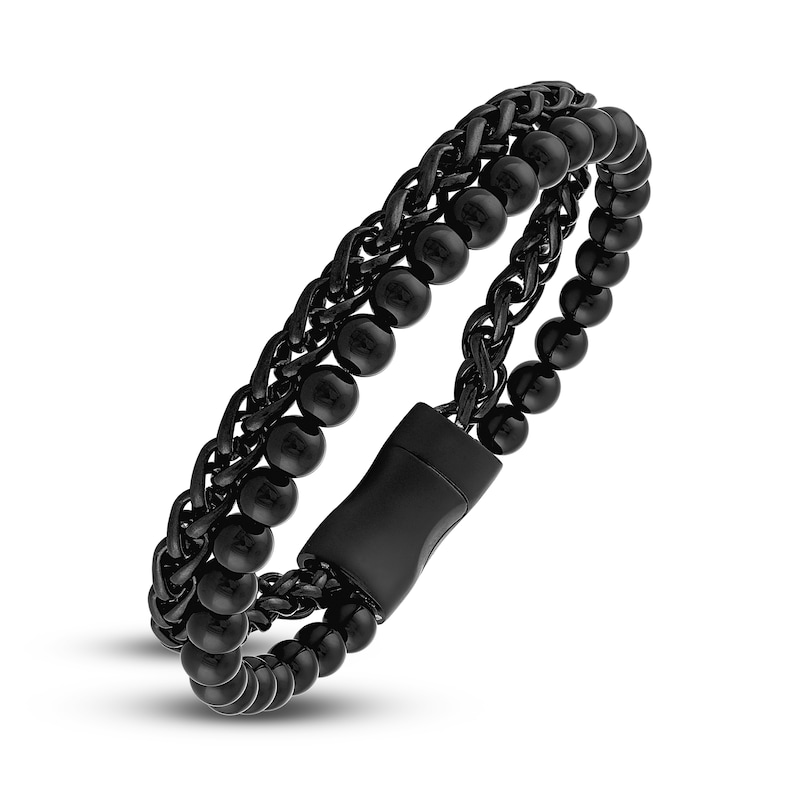 Main Image 2 of Men's Two-Layer Chain Bracelet Black Ion-Plated Stainless Steel 8.5"