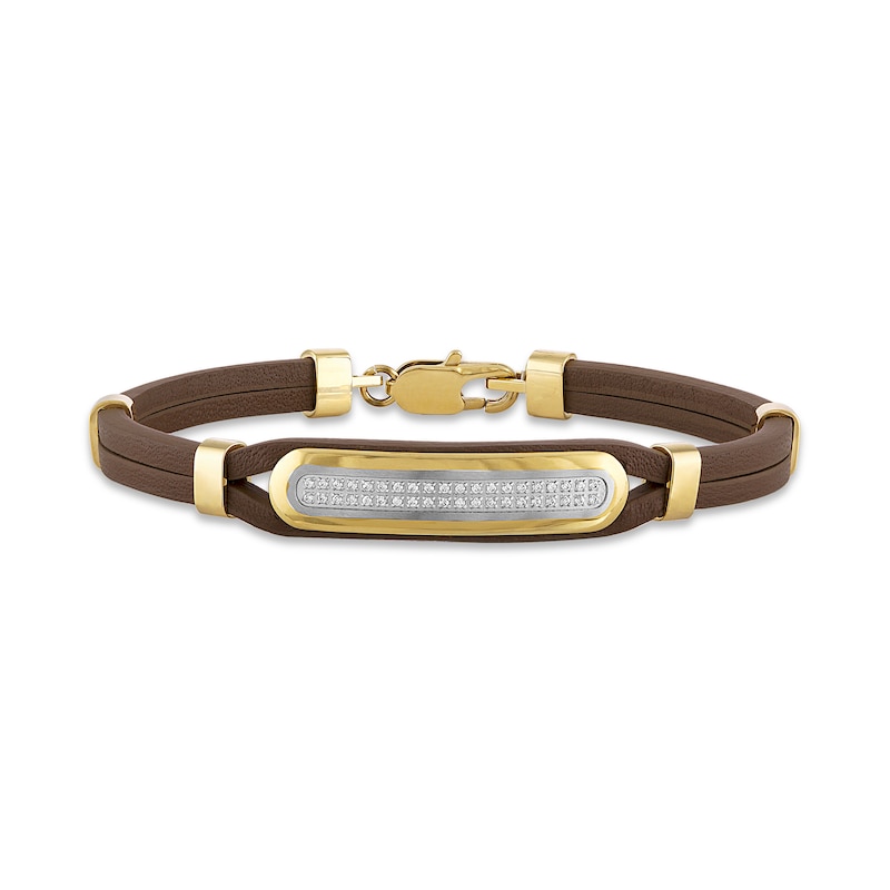Main Image 1 of Men's Diamond Bracelet 1/5 ct tw Round Gold Ion-Plated Stainless Steel/Brown Leather 8.5"