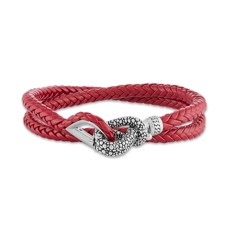 1933 by Esquire Men's Double Row Bracelet Red Leather Sterling Silver 17"
