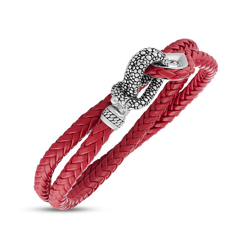 Main Image 3 of 1933 by Esquire Men's Double Row Bracelet Red Leather Sterling Silver 17"