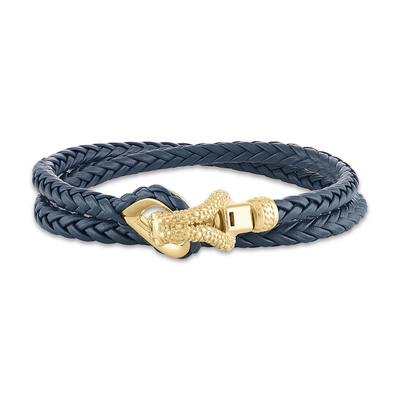 Main Image 1 of 1933 by Esquire Men's Double Row Bracelet Navy Leather & 14K Yellow Gold-Plated Sterling Silver 17"