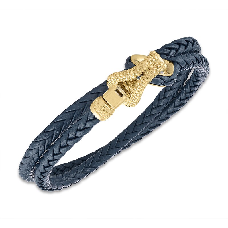 Main Image 2 of 1933 by Esquire Men's Double Row Bracelet Navy Leather & 14K Yellow Gold-Plated Sterling Silver 17"