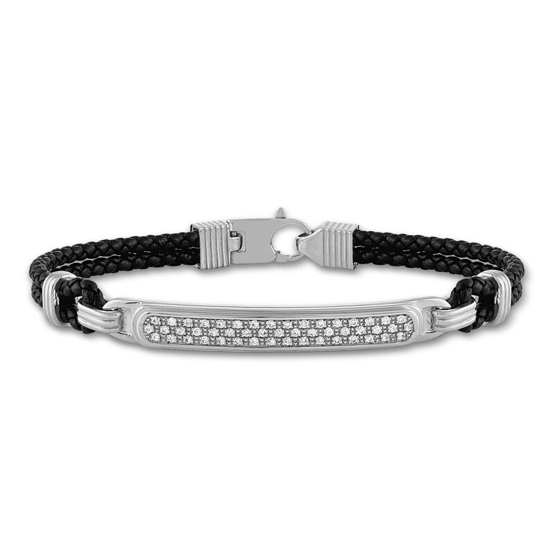 Main Image 1 of 1933 by Esquire Men's Double Row Bracelet 1/4 ct tw Black Leather & Sterling Silver 8.5"