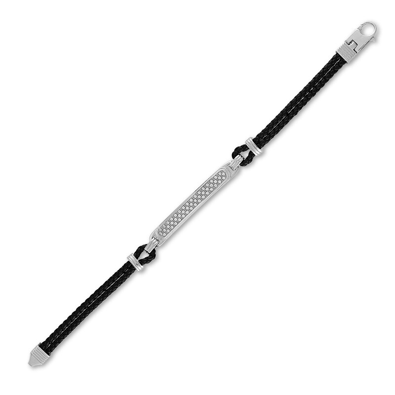 Main Image 2 of 1933 by Esquire Men's Double Row Bracelet 1/4 ct tw Black Leather & Sterling Silver 8.5"
