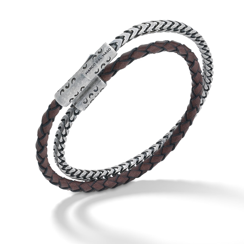 Marco Dal Maso Men's Double Wrap Mixed Chain & Woven Brown Leather Bracelet Sterling Silver 8"