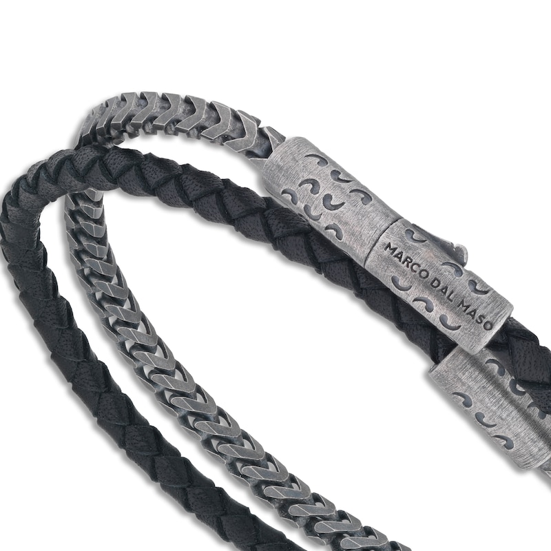 Marco Dal Maso Men's Double Wrap Mixed Chain & Woven Black Leather Bracelet Sterling Silver 8"