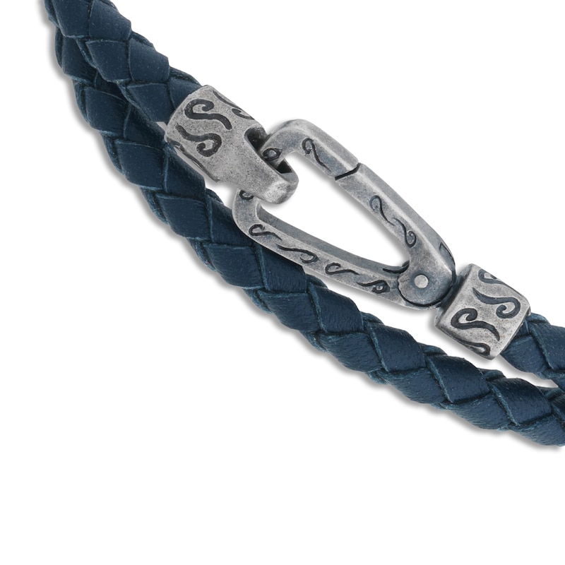 Marco Dal Maso Men's Woven Blue Leather Double Wrap Bracelet Sterling Silver 16"