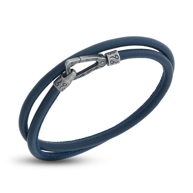 Marco Dal Maso Men's Smooth Blue Leather Double Wrap Bracelet Sterling Silver 16"