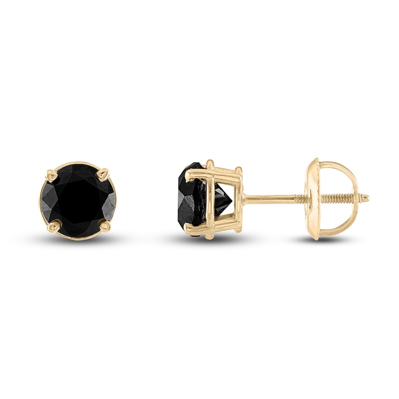Main Image 2 of Black Diamond Solitaire Stud Earrings 1 ct tw Round 10K Yellow Gold