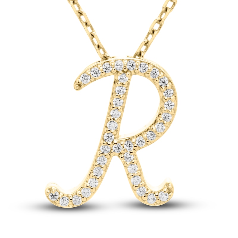 Main Image 1 of Diamond Initial R Pendant Necklace 1/10 ct tw Round 10K Yellow Gold 18"