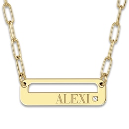 Engravable High-Polish Open Bar Necklace Diamond Accents 14K Yellow Gold 18" 26mm