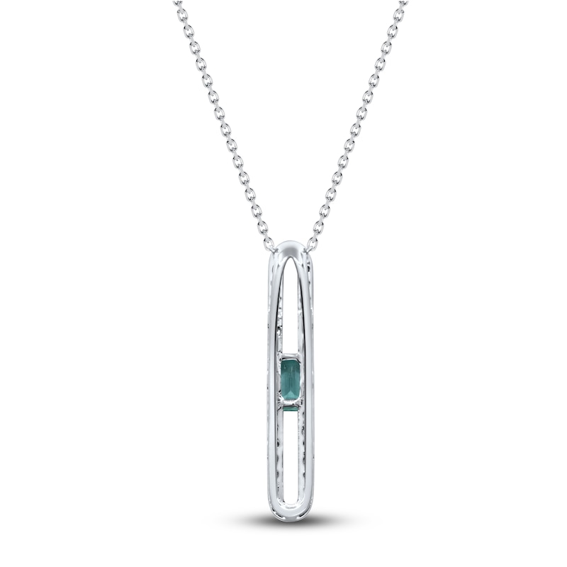 Main Image 3 of Rectangle-Cut Natural Emerald & Diamond Pendant Necklace 1/4 ct tw Round 14K White Gold 18"