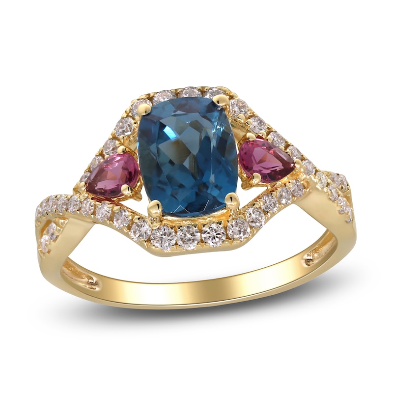 Natural London Blue Topaz, Natural Pink Tourmaline  & Diamond Ring  3/8 ct tw 14K Yellow Gold