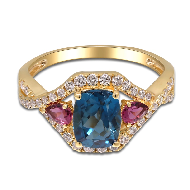 Natural London Blue Topaz, Natural Pink Tourmaline  & Diamond Ring  3/8 ct tw 14K Yellow Gold