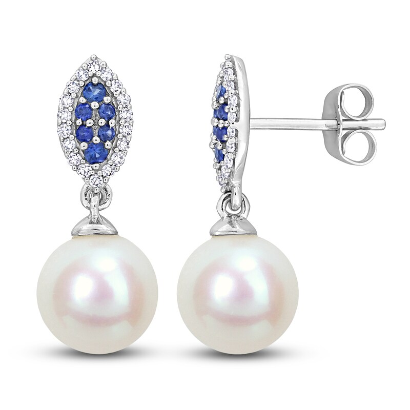 Main Image 1 of Freshwater Cultured Pearl & Natural Blue Sapphire Drop Earrings 1/8 ct tw Diamonds 14K White Gold