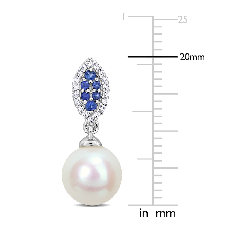 Main Image 2 of Freshwater Cultured Pearl & Natural Blue Sapphire Drop Earrings 1/8 ct tw Diamonds 14K White Gold