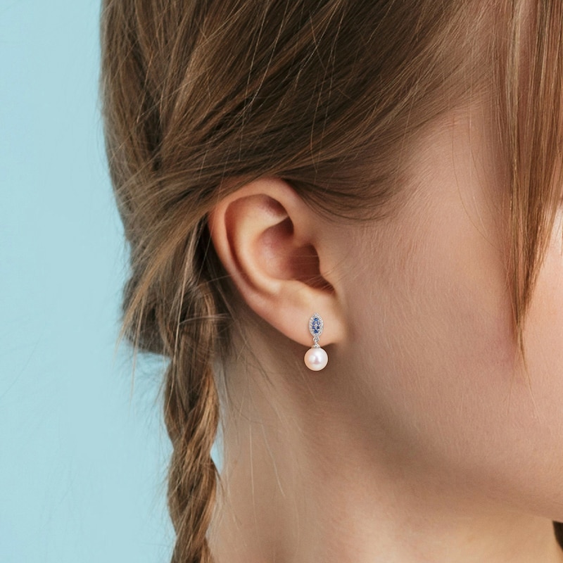 Main Image 4 of Freshwater Cultured Pearl & Natural Blue Sapphire Drop Earrings 1/8 ct tw Diamonds 14K White Gold