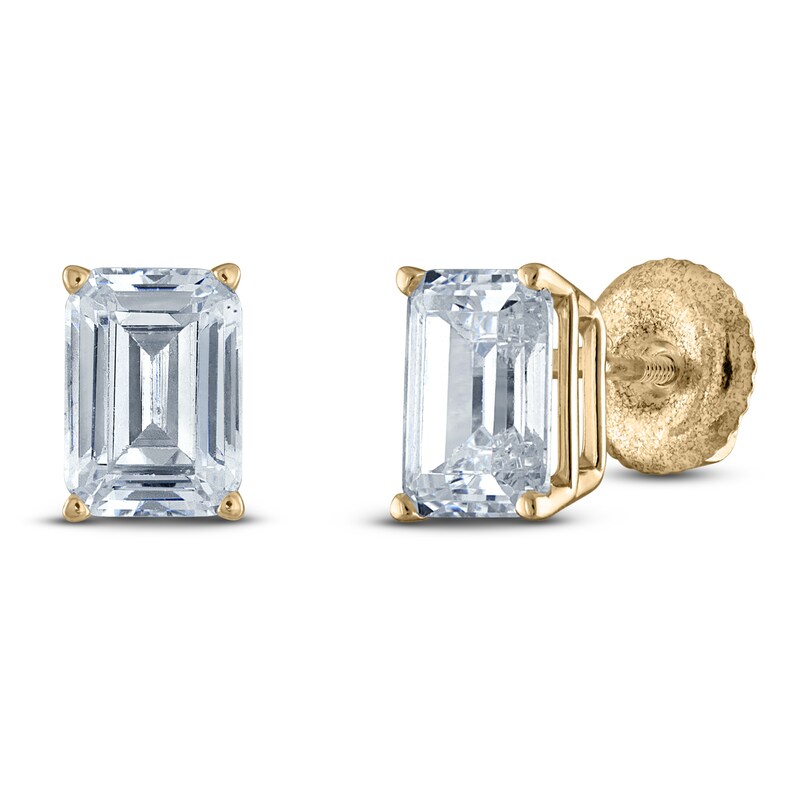 Main Image 2 of Emerald-Cut Lab-Grown Diamond Solitaire Stud Earrings 1/2 ct tw 14K Yellow Gold (F/SI2)