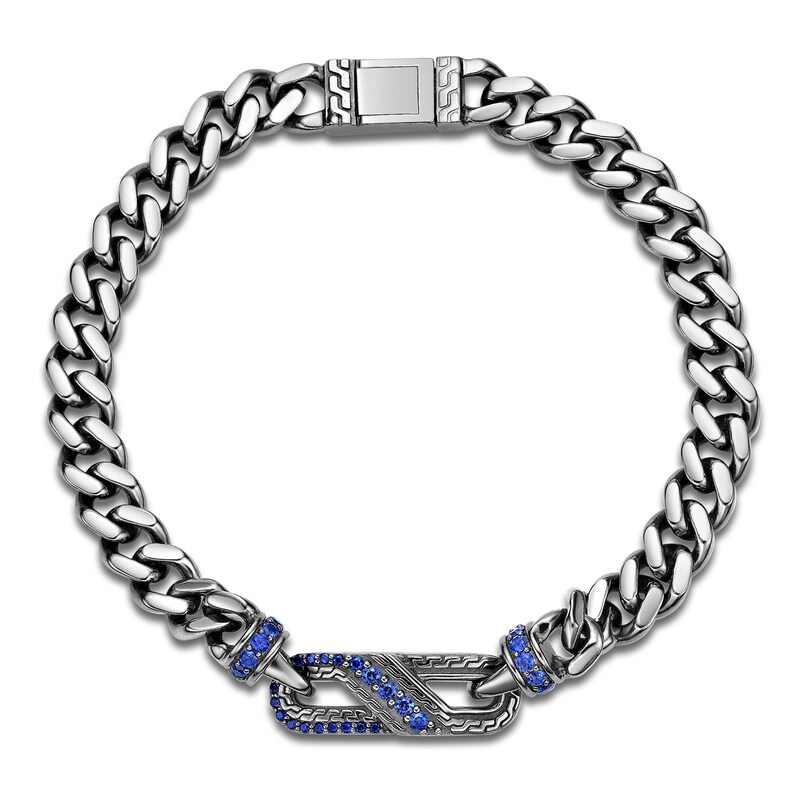 Main Image 1 of Men's Blue Lab-Created Sapphire Curb Chain Bracelet Sterling Silver 8.5"
