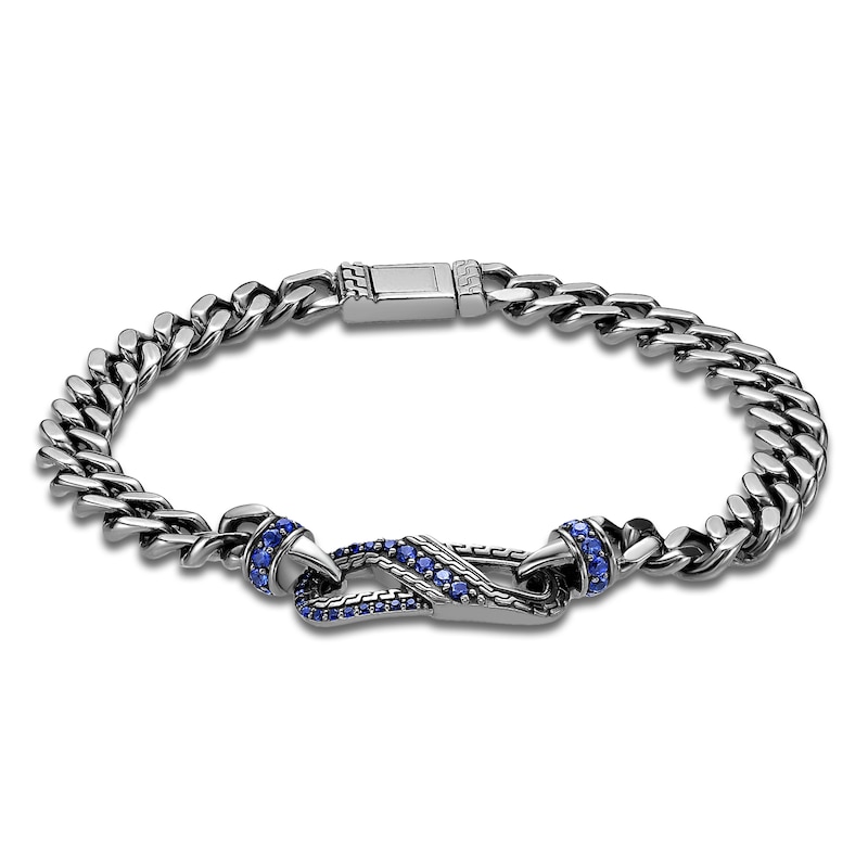 Main Image 2 of Men's Blue Lab-Created Sapphire Curb Chain Bracelet Sterling Silver 8.5"