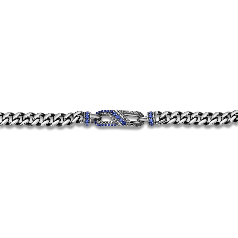 Main Image 3 of Men's Blue Lab-Created Sapphire Curb Chain Bracelet Sterling Silver 8.5"