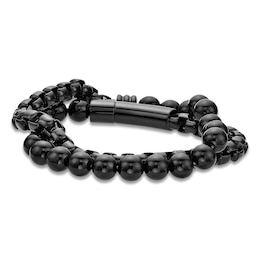 Men's Natural Black Agate Bead & Box Chain Layered Bracelet Black Ion-Plated Stainless Steel 8.5"