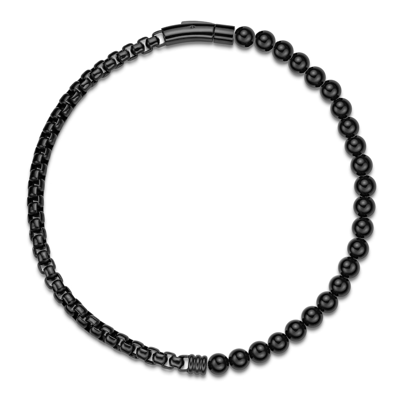 Main Image 2 of Men's Natural Black Agate Bead & Box Chain Layered Bracelet Black Ion-Plated Stainless Steel 8.5"