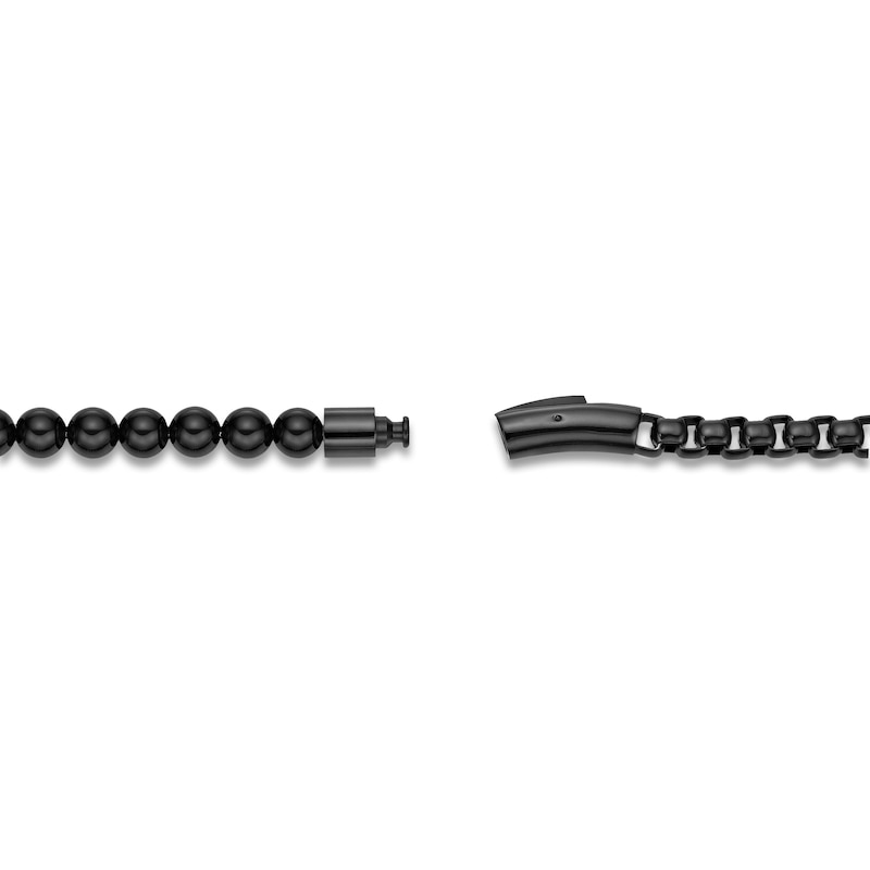 Main Image 4 of Men's Natural Black Agate Bead & Box Chain Layered Bracelet Black Ion-Plated Stainless Steel 8.5"