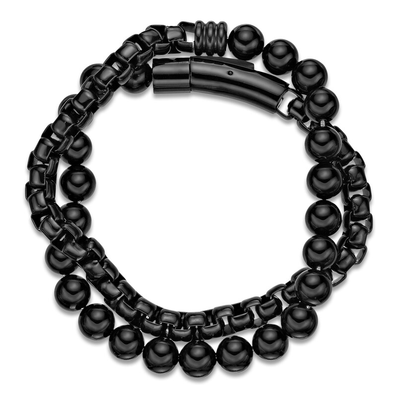 Main Image 5 of Men's Natural Black Agate Bead & Box Chain Layered Bracelet Black Ion-Plated Stainless Steel 8.5"