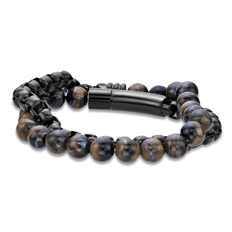 Main Image 1 of Men's Natural Tiger's Eye Quartz Bead & Box Chain Layered Bracelet Black Ion-Plated Stainless Steel 8.5"